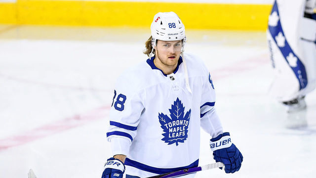 CALGARY, AB - APRIL 04: Toronto Maple Leafs Winger William Nylander (88) warms up before an NHL game where the Calgary Flames hosted the Toronto Maple Leafs on April 4, 2021, at the Scotiabank Saddledome in Calgary, AB.