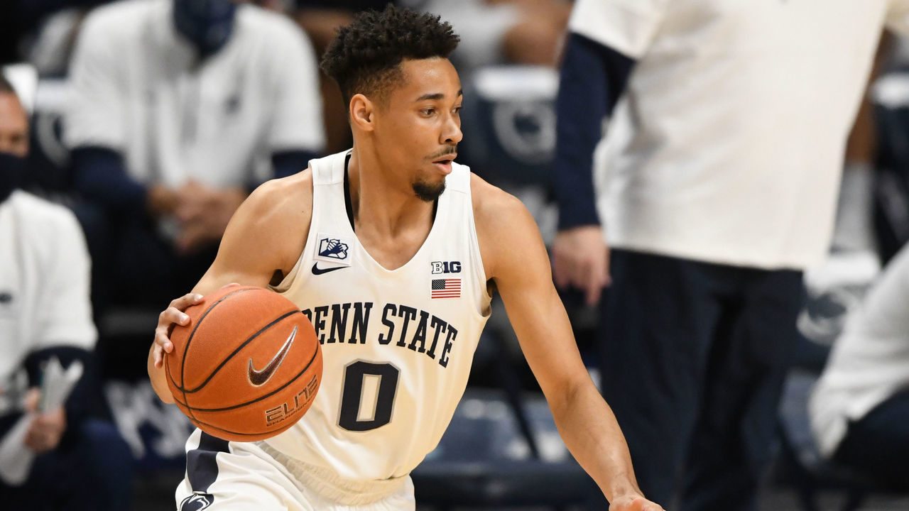 UNIVERSITY PARK PA - DECEMBER 06: Myreon Jones #0 of the Penn State Nittany Lions dribbles the ball during a college basketball game against the Seton Hall Pirates on December 6, 2020 at the Bryce Jordan Center in University Park, Pennsylvania.