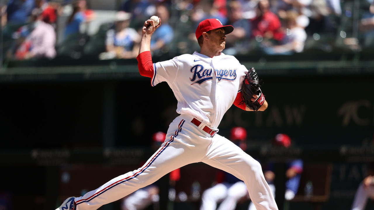 ARLINGTON, TEXAS - APRIL 07: Kyle Gibson #44 of the Texas Rangers throws against the Toronto Blue Jays in the sixth inning at Globe Life Field on April 07, 2021 in Arlington, Texas.