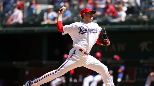 ARLINGTON, TEXAS - APRIL 07: Kyle Gibson #44 of the Texas Rangers throws against the Toronto Blue Jays in the sixth inning at Globe Life Field on April 07, 2021 in Arlington, Texas.