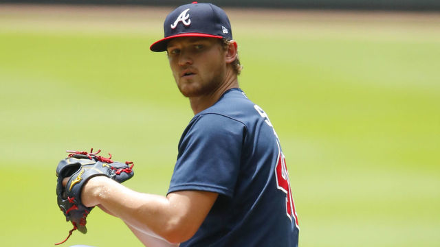 ATLANTA, GA - JULY 08: Mike Soroka #40 of the Atlanta Braves delivers in an intrasquad scrimmage game during summer workouts at Truist Park on July 8, 2020 in Atlanta, Georgia.