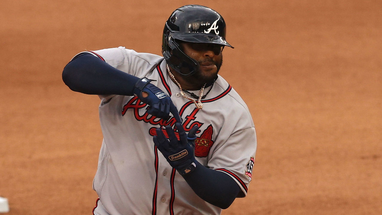 WASHINGTON, DC - APRIL 07: Pablo Sandoval #48 of the Atlanta Braves rounds the bases and celebrates after hitting a two run home run against the Washington Nationals during the seventh inning in game two of a doubleheader at Nationals Park on April 7, 2021 in Washington, DC.