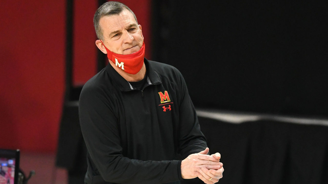 COLLEGE PARK, MD - MARCH 07: Head coach Mark Turgeon of the Maryland Terrapins looks on in the first half during a college basketball game against the Penn State Nittany Lions at the XFinity Center on March 7, 2021 in College Park, Maryland.