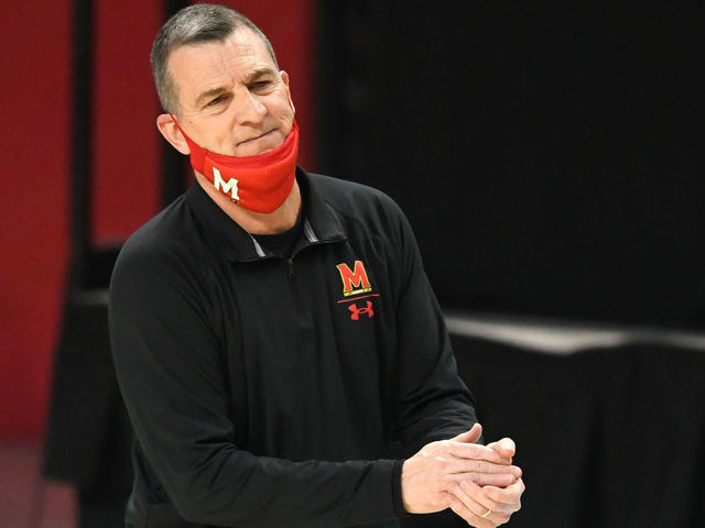 COLLEGE PARK, MD - MARCH 07: Head coach Mark Turgeon of the Maryland Terrapins looks on in the first half during a college basketball game against the Penn State Nittany Lions at the XFinity Center on March 7, 2021 in College Park, Maryland.