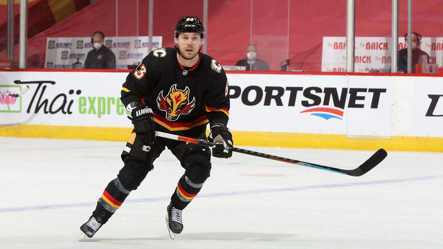 CALGARY, AB - APRIL 5: Sam Bennett #93 of the Calgary Flames skates up ice against the Toronto Maple Leafs at Scotiabank Saddledome on April 5, 2021 in Calgary, Alberta, Canada.