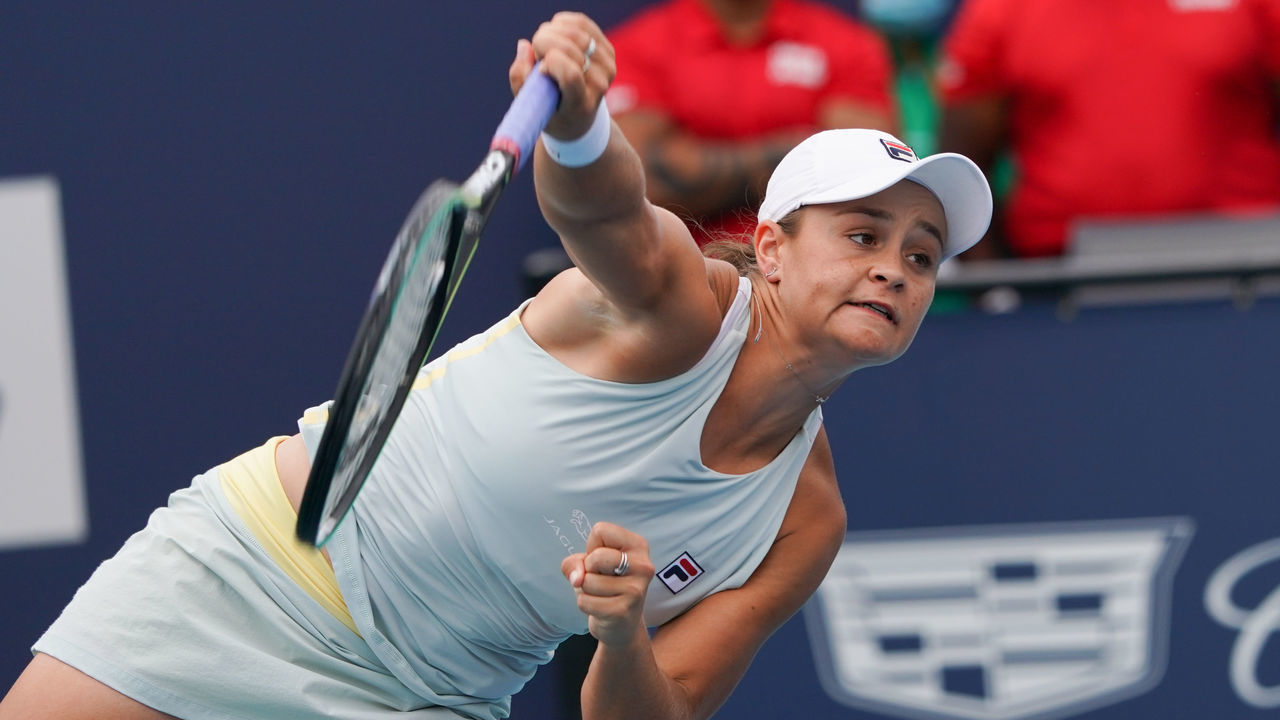 MIAMI GARDENS, FL - APRIL 03: Ashleigh Barty (AUS) serves during the womens finals of the Miami Open on April 3, 2021, at Hard Rock Stadium in Miami Gardens, Florida.
