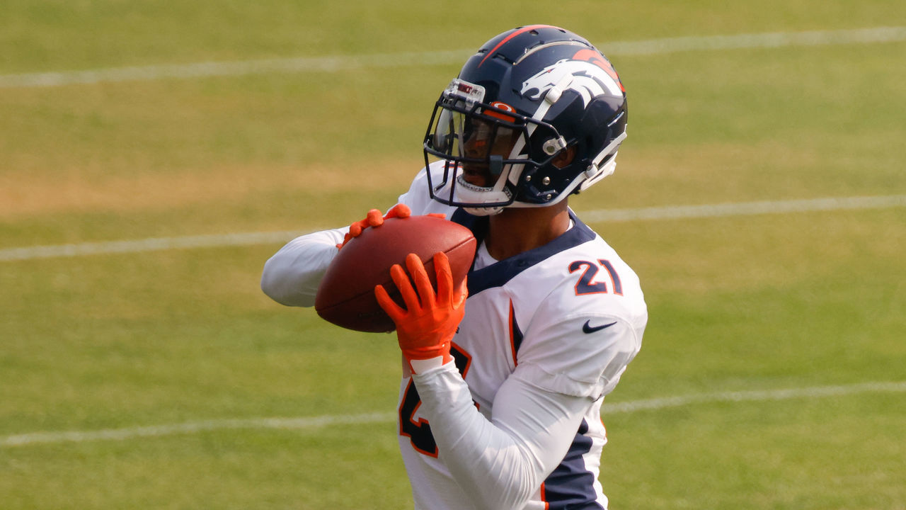 ENGLEWOOD, CO - AUGUST 21: Cornerback A.J. Bouye #21 of the Denver Broncos catches a pass on the field during a training session at UCHealth Training Center on August 21, 2020 in Englewood, Colorado.