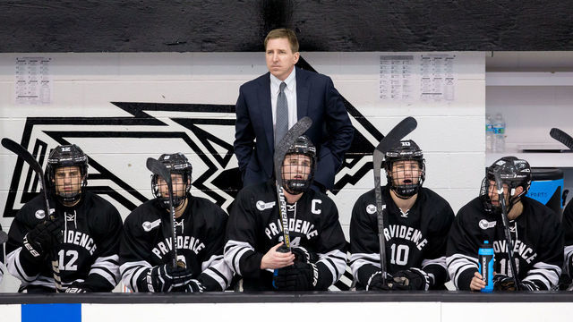 PROVIDENCE, RI - JANUARY 4: Nate Leaman, coach of the Providence College Friars, looks across the ice during an NCAA hockey game against the Colorado College Tigers at Schneider Arena on January 4, 2015 in Providence, Rhode Island. The Friars won 5-3.