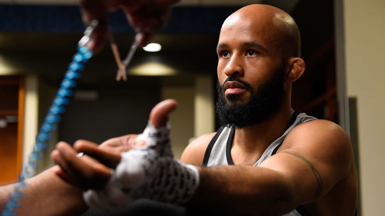 KANSAS CITY, MO - APRIL 15: UFC flyweight champion Demetrious Johnson warms up backstage during the UFC Fight Night event at Sprint Center on April 15, 2017 in Kansas City, Missouri.