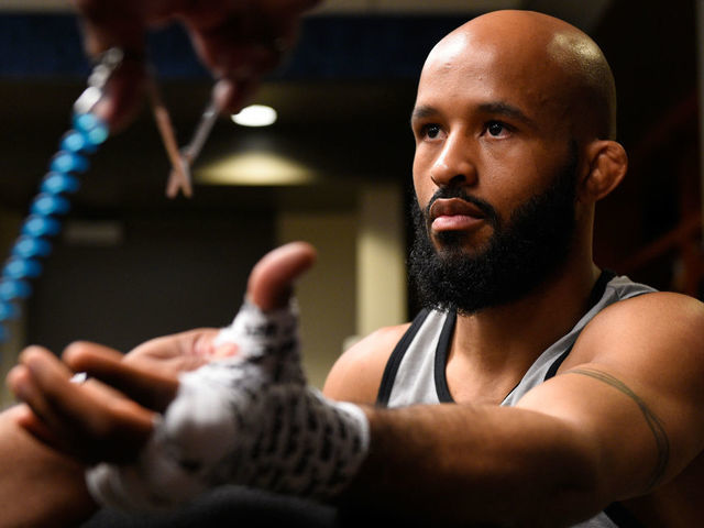 KANSAS CITY, MO - APRIL 15: UFC flyweight champion Demetrious Johnson warms up backstage during the UFC Fight Night event at Sprint Center on April 15, 2017 in Kansas City, Missouri.