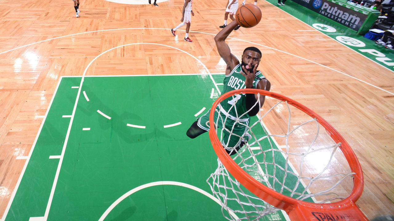 BOSTON, MA - APRIL 7: Jaylen Brown #7 of the Boston Celtics dunks the ball during the game against the New York Knicks on April 7, 2021 at the TD Garden in Boston, Massachusetts. Mandatory Copyright Notice: Copyright 2021 NBAE