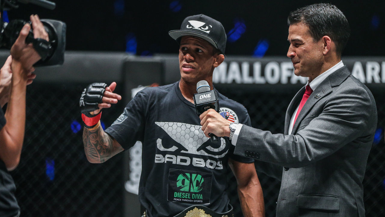 MANILA, PHILIPPINES - NOVEMBER 10: Adriano Moraes addresses the crowd after his win against Danny Kingad during ONE Championship: Legends of the World at the Mall of Asia Arena on November 10, 2017 in Manila, Philippines.