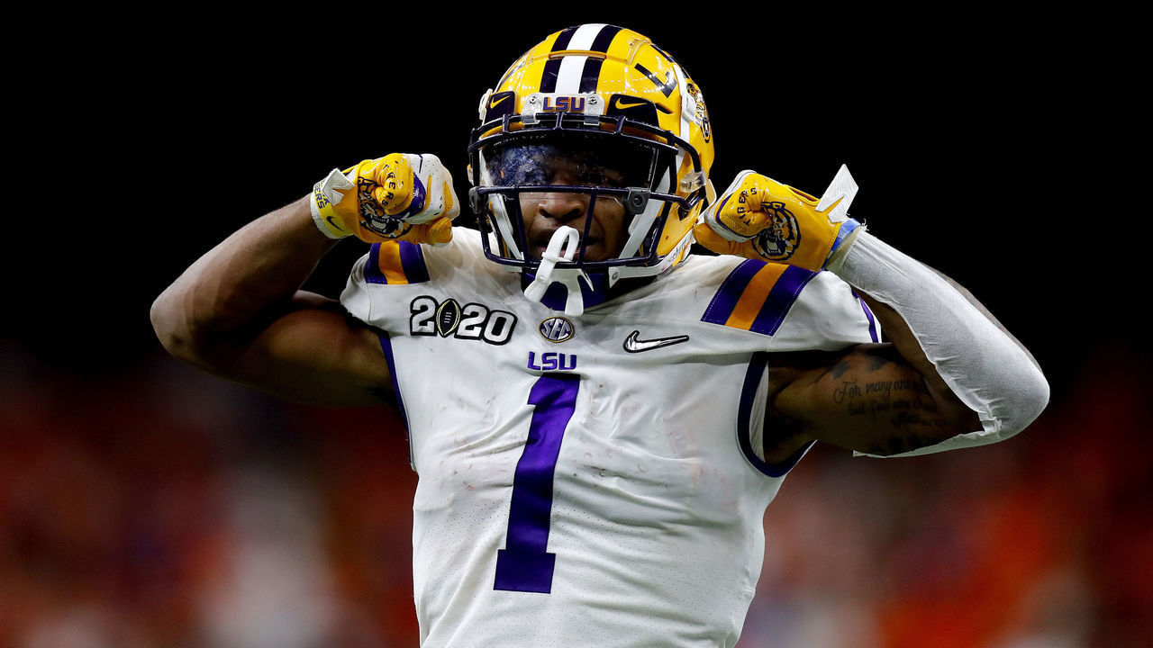 NEW ORLEANS, LOUISIANA - JANUARY 13: Ja'Marr Chase #1 of the LSU Tigers reacts after a catch against the Clemson Tigers in the College Football Playoff National Championship game at Mercedes Benz Superdome on January 13, 2020 in New Orleans, Louisiana.
