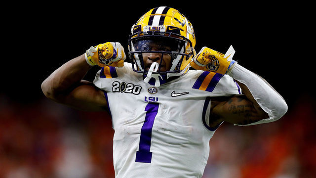 NEW ORLEANS, LOUISIANA - JANUARY 13: Ja'Marr Chase #1 of the LSU Tigers reacts after a catch against the Clemson Tigers in the College Football Playoff National Championship game at Mercedes Benz Superdome on January 13, 2020 in New Orleans, Louisiana.