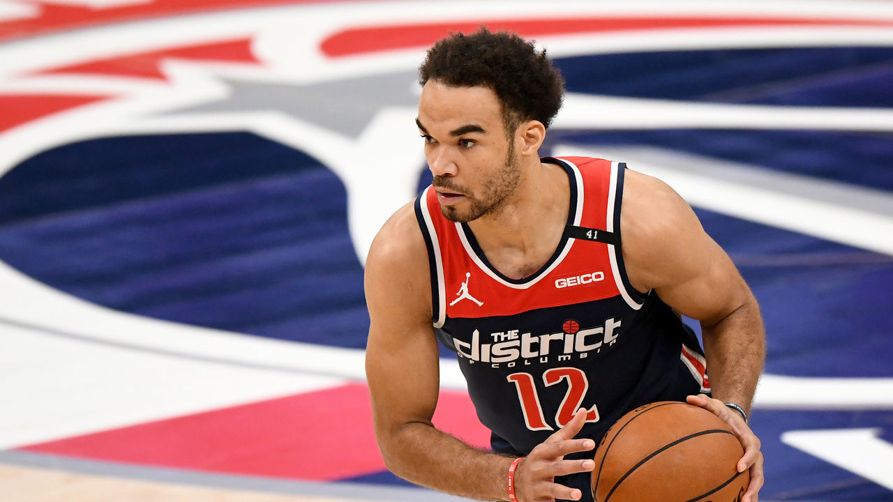 WASHINGTON, DC - MARCH 29: Jerome Robinson #12 of the Washington Wizards dribbles against the Indiana Pacers during the first half at Capital One Arena on March 29, 2021 in Washington, DC.