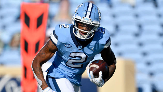 CHAPEL HILL, NORTH CAROLINA - NOVEMBER 14: Dyami Brown #2 of the North Carolina Tar Heels makes a catch against the Wake Forest Demon Deacons during their game at Kenan Stadium on November 14, 2020 in Chapel Hill, North Carolina.