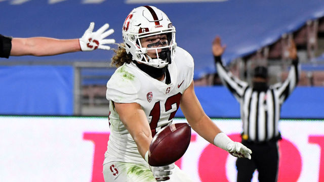 Pasadena, CA - December 19: Wide receiver Simi Fehoko #13 of the Stanford Cardinal catches pass for touchdown against the UCLA Bruins in the second half of a NCAA Football game at the Rose Bowl in Pasadena on Saturday, December 19, 2020. Stanford Cardinal won 48-47 in over time.