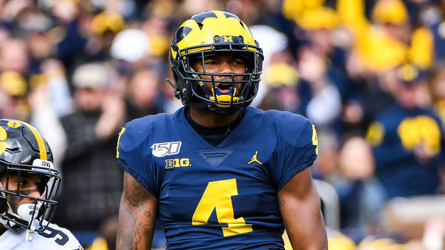 ANN ARBOR, MI - OCTOBER 05: Michigan Wolverines wide receiver Nico Collins (4) celebrates a long catch during the Michigan Wolverines versus Iowa Hawkeyes game on Saturday October 5, 2019 at Michigan Stadium in Ann Arbor, MI.