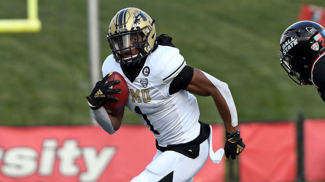 MUNCIE, IN - DECEMBER 12: Western Michigan Broncos wide receiver Skyy Moore (24) blocks Ball State Cardinals safety Myles Hannah (20) as Western Michigan Broncos wide receiver D'Wayne Eskridge (1) runs to the outsidewhile during the Mid-American Conference college football game between the Western Michigan Broncos and the Ball State Cardinals on December 12, 2020, at Scheumann Stadium in Muncie, Indiana.