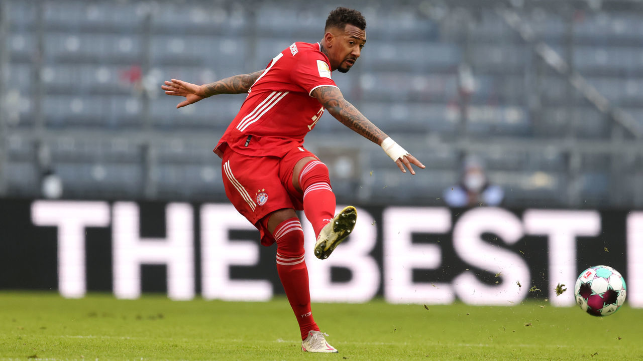 MUNICH, GERMANY - MARCH 20: Jerome Boateng of Bayern Muenchen runs with a ball during the Bundesliga match between FC Bayern Muenchen and VfB Stuttgart at Allianz Arena on March 20, 2021 in Munich, Germany. Sporting stadiums around Germany remain under strict restrictions due to the Coronavirus Pandemic as Government social distancing laws prohibit fans inside venues resulting in games being played behind closed doors.
