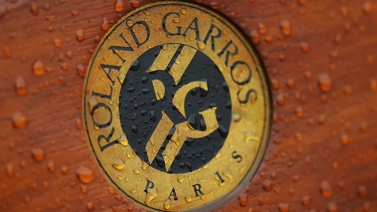PARIS, FRANCE - OCTOBER 02: The Roland Garros logo is seen as rain drops fall on it on day six of the 2020 French Open at Roland Garros on October 02, 2020 in Paris, France.