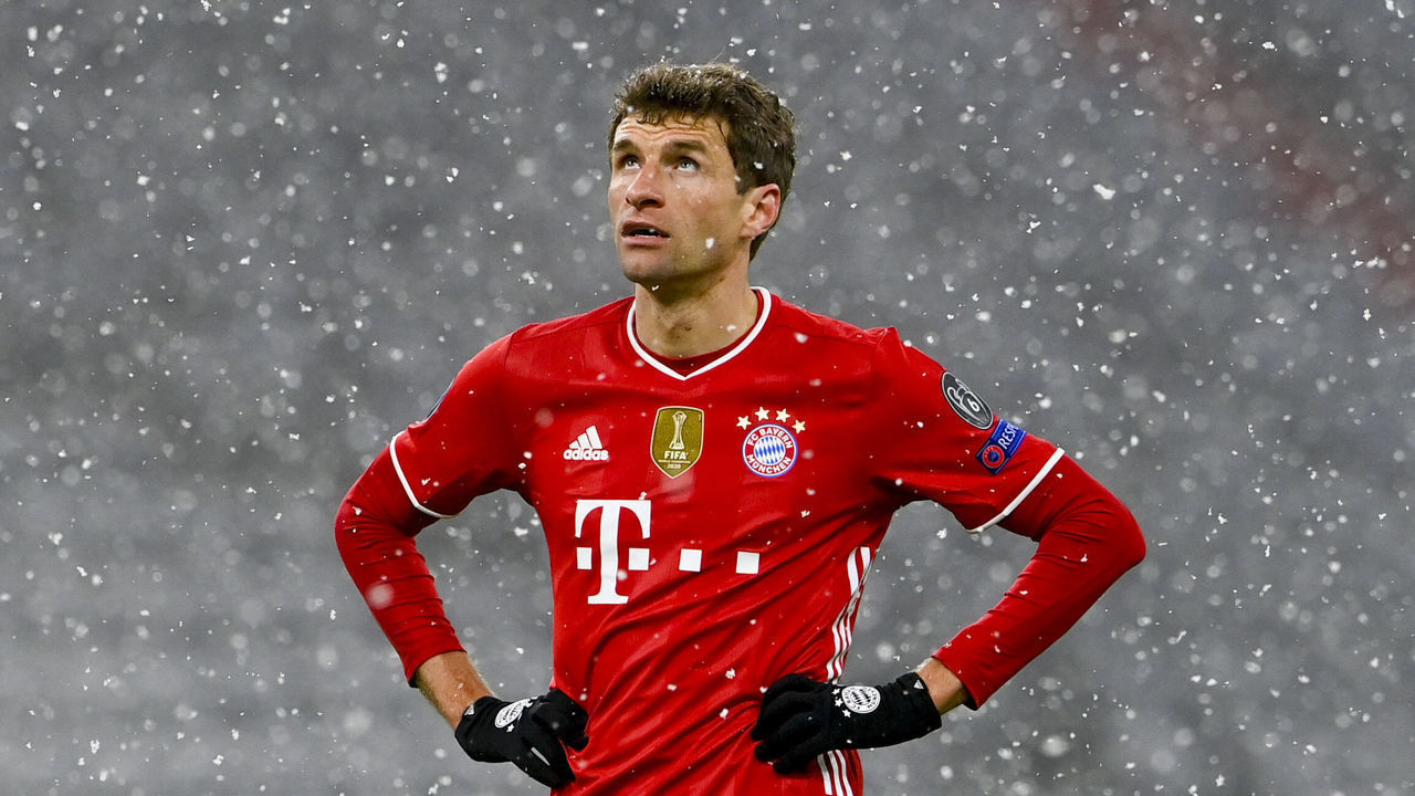 Bayern Munich's German forward Thomas Mueller reacts during the UEFA Champions League quarter-final first leg football match between FC Bayern Munich and Paris Saint-Germain (PSG) in Munich, southern Germany, on April 7, 2021.