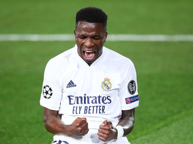 MADRID, SPAIN - APRIL 06: Vinicius Junior of Real Madrid celebrates scoring a goal during the UEFA Champions League Quarter Final match between Real Madrid and Liverpool FC at Estadio Alfredo Di Stefano on April 06, 2021 in Madrid, Spain.