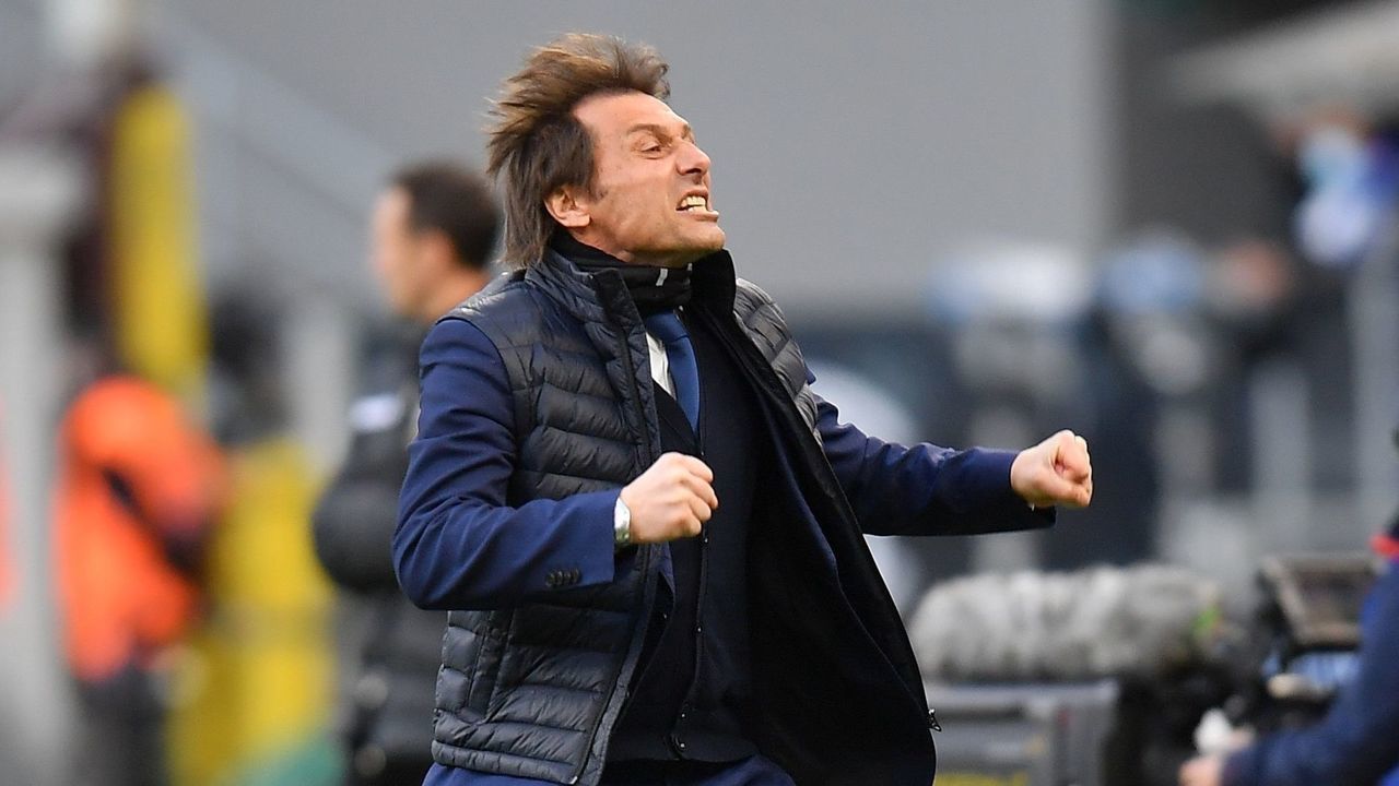 MILAN, April 7, 2021 -- FC Inter's head coach Antonio Conte celebrates during a Serie A football match between FC Inter and Sassuolo in Milan, Italy, April 7, 2021.
