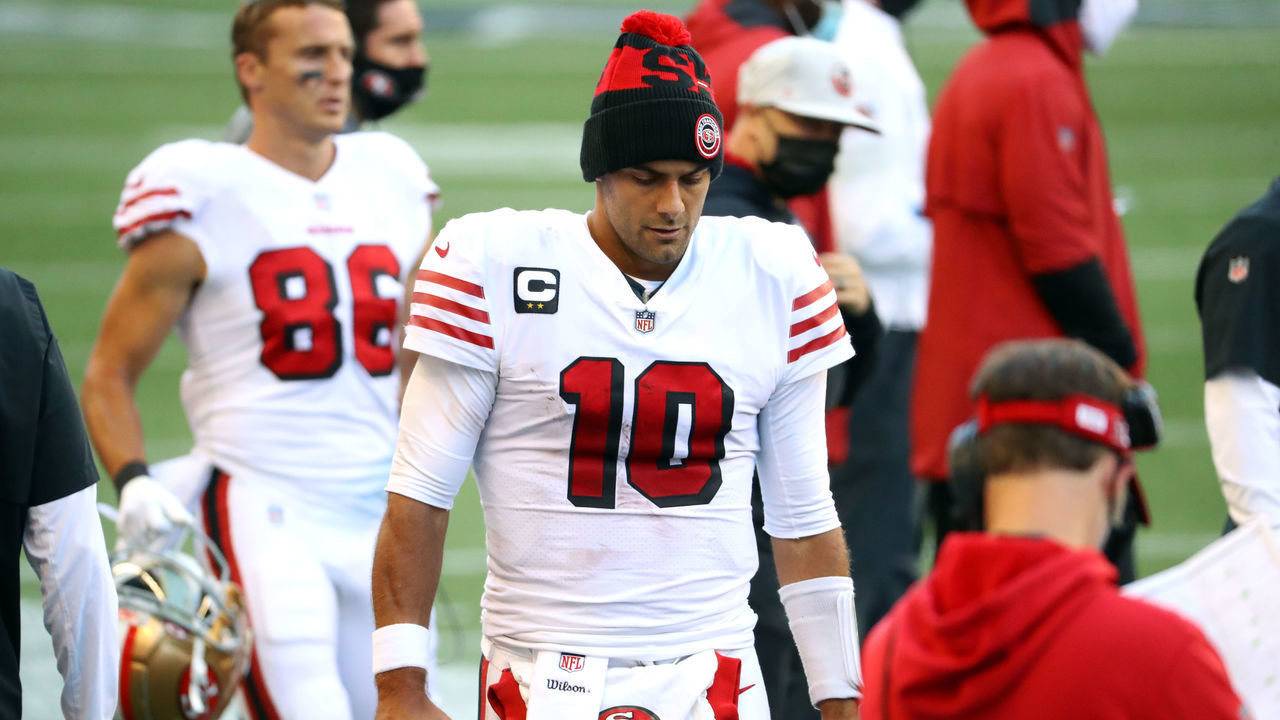 SEATTLE, WASHINGTON - NOVEMBER 01: Jimmy Garoppolo #10 of the San Francisco 49ers reacts from the sidelines in the third quarter against the Seattle Seahawks at CenturyLink Field on November 01, 2020 in Seattle, Washington.