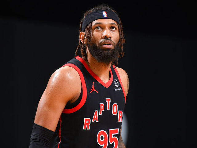 BOSTON, MA - MARCH 4: DeAndre' Bembry #95 of the Toronto Raptors looks on during the game against the Boston Celtics on March 4, 2021 at the TD Garden in Boston, Massachusetts. Mandatory Copyright Notice: Copyright 2021 NBAE