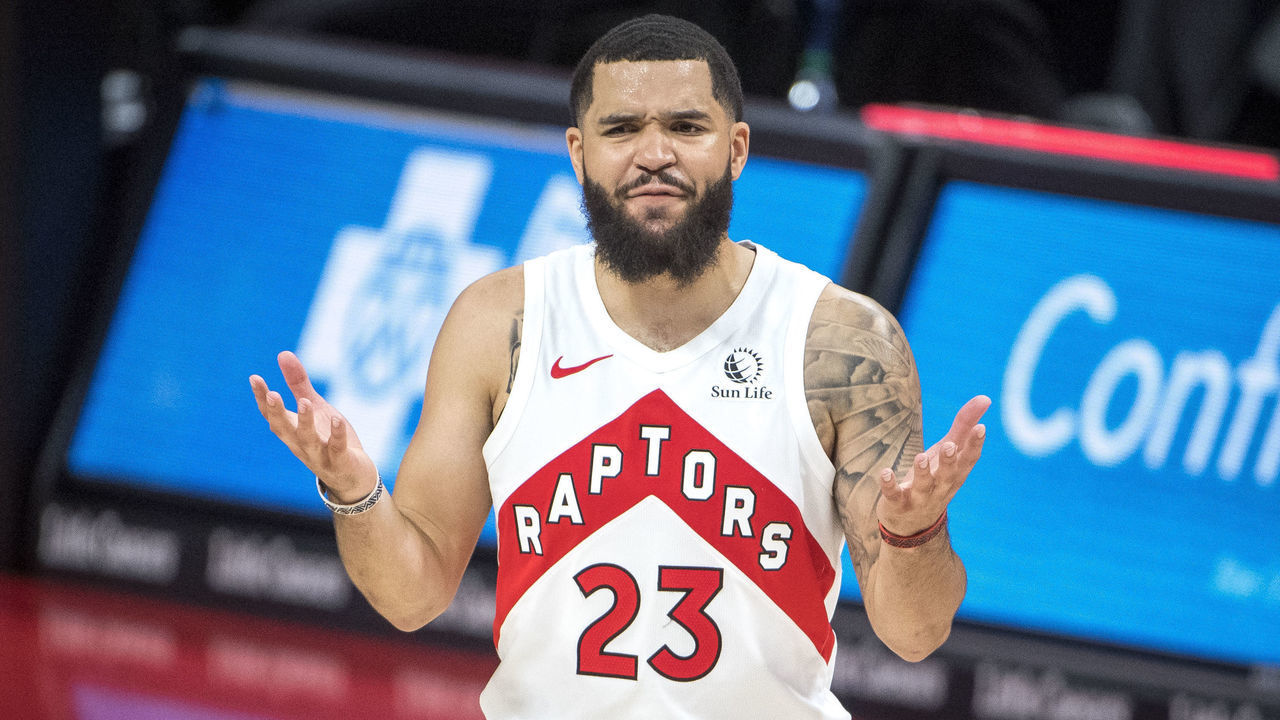 DETROIT, MICHIGAN - MARCH 17: Fred VanVleet #23 of the Toronto Raptors reacts during the fourth quarter against the Detroit Pistons at Little Caesars Arena on March 17, 2021 in Detroit, Michigan.