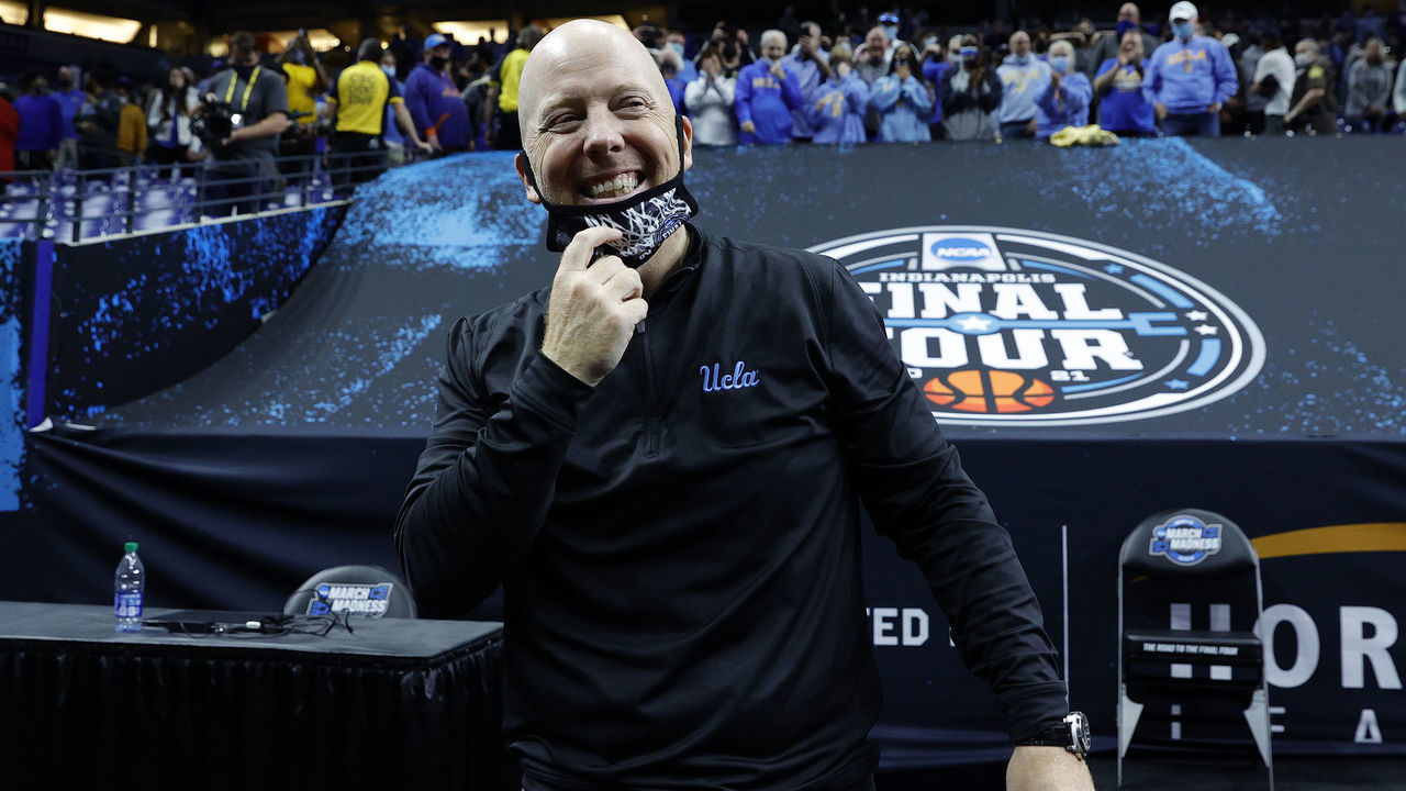 INDIANAPOLIS, INDIANA - MARCH 30: Head coach Mick Cronin of the UCLA Bruins celebrates defeating the Michigan Wolverines 51-49 in the Elite Eight round game of the 2021 NCAA Men's Basketball Tournament at Lucas Oil Stadium on March 30, 2021 in Indianapolis, Indiana.