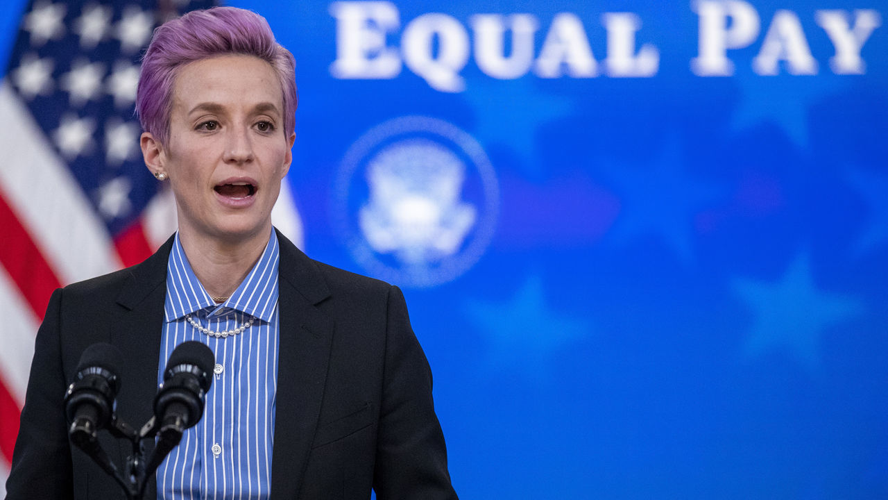 Megan Rapinoe, player with the U.S. Women's National Soccer Team, speaks during an event marking Equal Pay Day in the Eisenhower Executive Office Building in Washington, D.C., U.S., on Wednesday, March 24, 2021. The Biden administration has signaled plans to strengthen gender equity at a time when women in the U.S. are disproportionately exiting the workforce compared with men during the Covid-19 pandemic, and are paid about 82 cents on the dollar compared with men. Photographer: Shawn Thew/EPA/Bloomberg via Getty Images