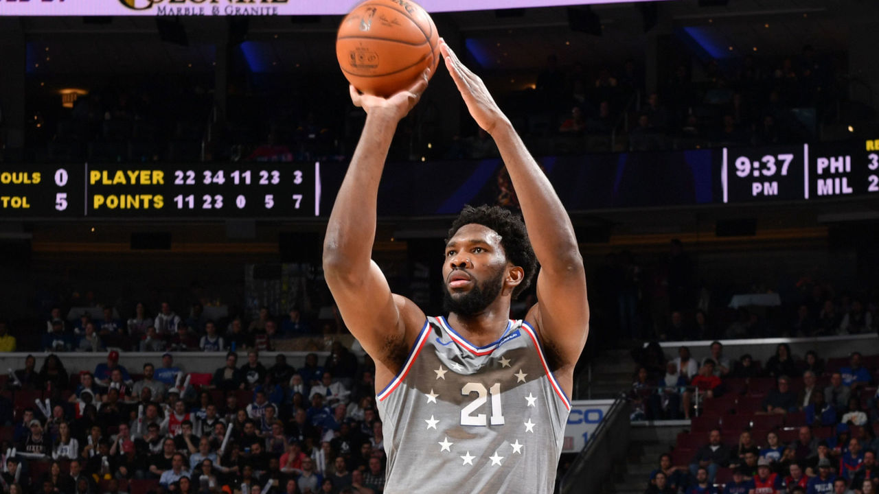 PHILADELPHIA, PA - APRIL 4: Joel Embiid #21 of the Philadelphia 76ers shoots a three-pointer against the Milwaukee Bucks on April 4, 2019 at the Wells Fargo Center in Philadelphia, Pennsylvania NOTE TO USER: User expressly acknowledges and agrees that, by downloading and/or using this Photograph, user is consenting to the terms and conditions of the Getty Images License Agreement. Mandatory Copyright Notice: Copyright 2019 NBAE