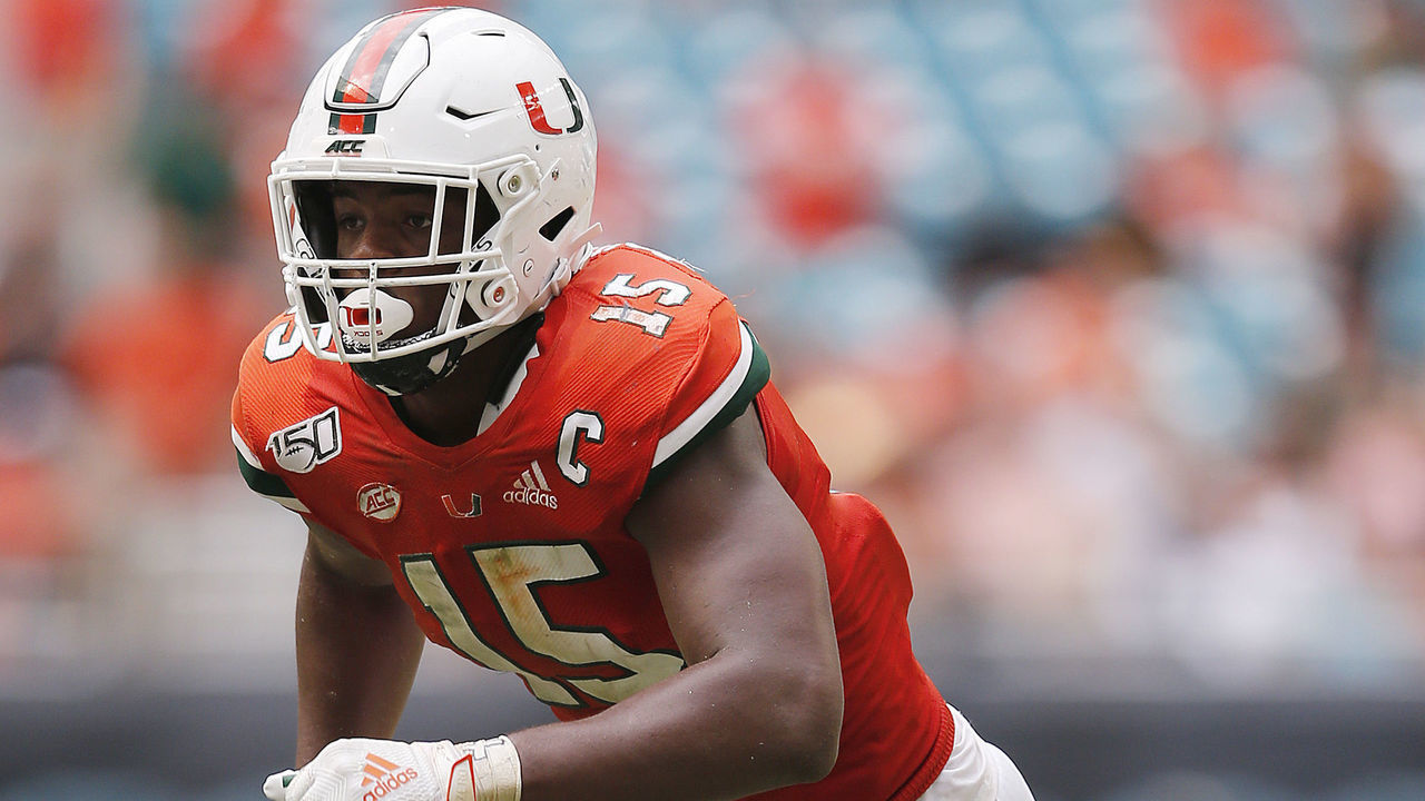 MIAMI, FLORIDA - OCTOBER 19: Gregory Rousseau #15 of the Miami Hurricanes in action against the Georgia Tech Yellow Jackets during the second half at Hard Rock Stadium on October 19, 2019 in Miami, Florida.