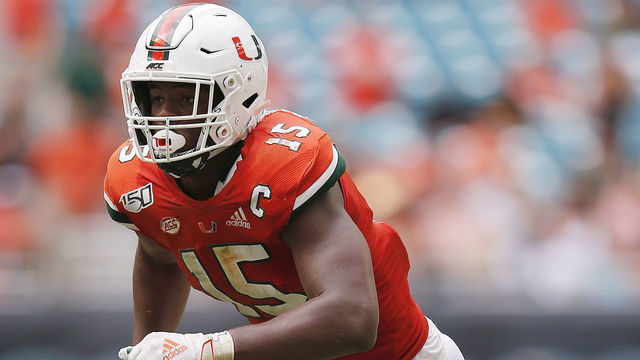 MIAMI, FLORIDA - OCTOBER 19: Gregory Rousseau #15 of the Miami Hurricanes in action against the Georgia Tech Yellow Jackets during the second half at Hard Rock Stadium on October 19, 2019 in Miami, Florida.