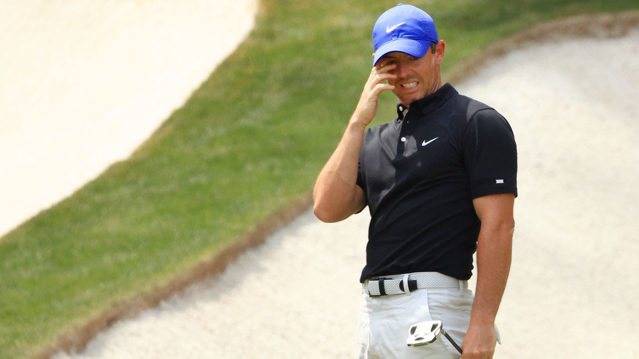 AUGUSTA, GEORGIA - APRIL 08: Rory McIlroy of Northern Ireland reacts after missing a putt on the 13th green during the first round of the Masters at Augusta National Golf Club on April 08, 2021 in Augusta, Georgia.