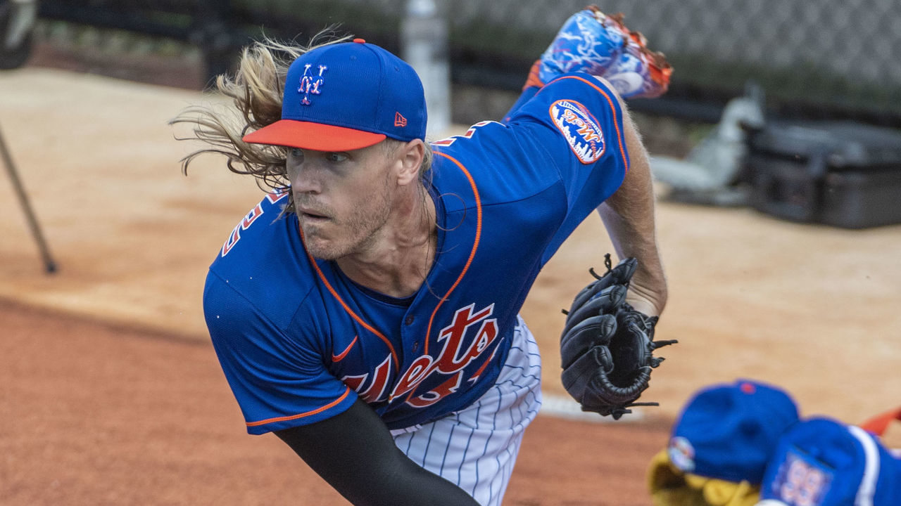 Port St. Lucie, Fla.: New York Mets pitcher Noah Syndergaard throws during a spring training workout on Feb. 24, 2021, in Port St. Lucie, Fla.