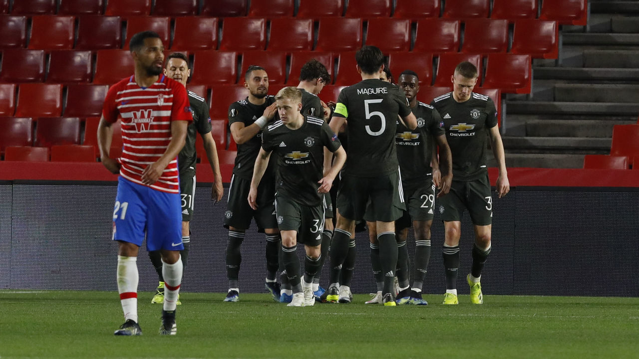 Bruno Fernandes, of Manchester United scores the second goal of his team from the penalty kick during the UEFA Europa League Quarter Final leg one match between Granada CF and Manchester United at Nuevo Los Carmenes Stadium on April 8, 2021 in Granada, Spain. Sporting stadiums around Europe remain closed to fans due to the Coronavirus Pandemic.