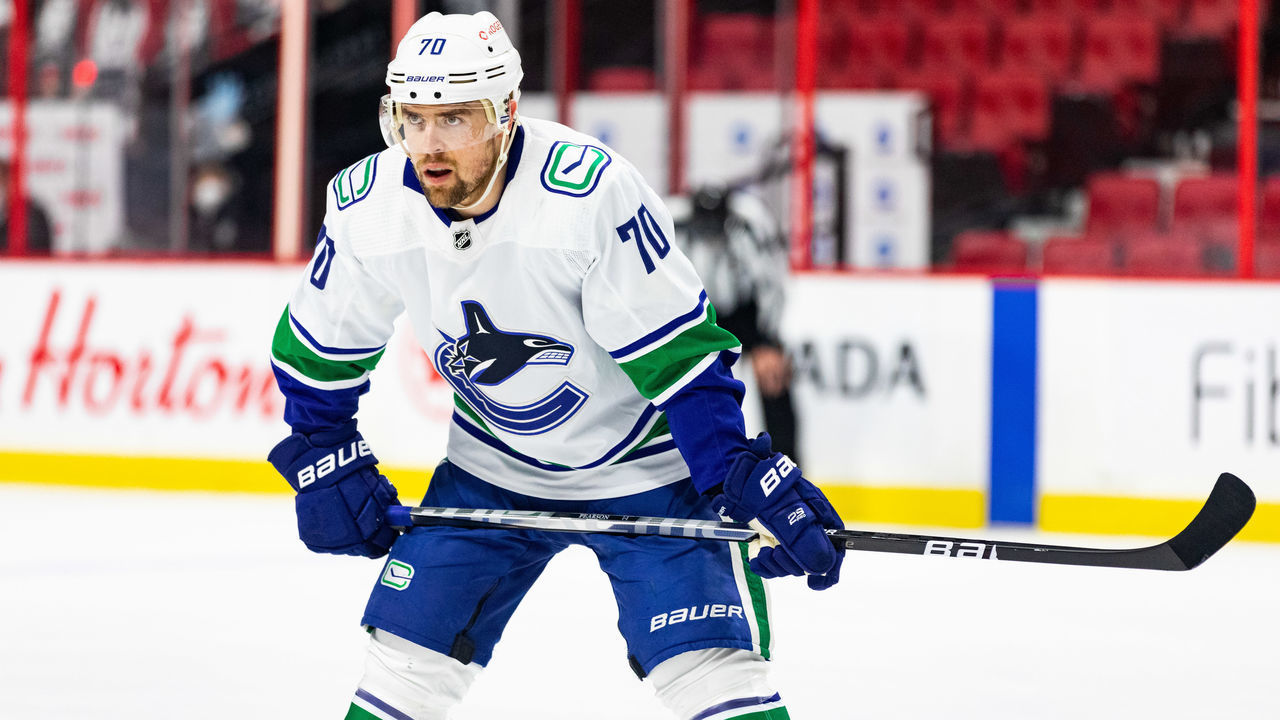OTTAWA, ON - MARCH 17: Vancouver Canucks Left Wing Tanner Pearson (70) before a face-off during first period National Hockey League action between the Vancouver Canucks and Ottawa Senators on March 17, 2021, at Canadian Tire Centre in Ottawa, ON, Canada.
