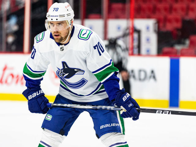 OTTAWA, ON - MARCH 17: Vancouver Canucks Left Wing Tanner Pearson (70) before a face-off during first period National Hockey League action between the Vancouver Canucks and Ottawa Senators on March 17, 2021, at Canadian Tire Centre in Ottawa, ON, Canada.