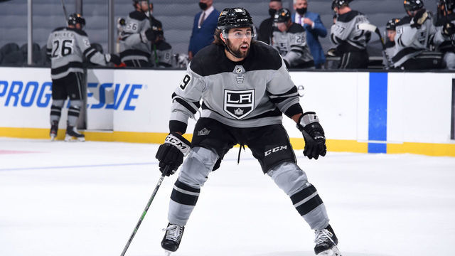 LOS ANGELES, CA - APRIL 3: Alex Iafallo #19 of the Los Angeles Kings skates on the ice during the second period against the San Jose Sharks at STAPLES Center on April 3, 2021 in Los Angeles, California.