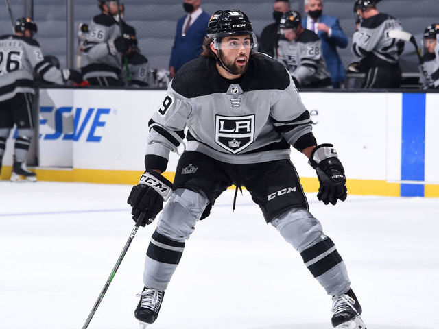 LOS ANGELES, CA - APRIL 3: Alex Iafallo #19 of the Los Angeles Kings skates on the ice during the second period against the San Jose Sharks at STAPLES Center on April 3, 2021 in Los Angeles, California.