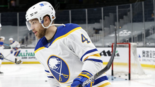 BOSTON, MA - MARCH 27: Buffalo Sabres left wing Taylor Hall (4) in warm up before a game between the Boston Bruins and the Buffalo Sabres on March 27, 2021, at TD Garden in Boston, Massachusetts.