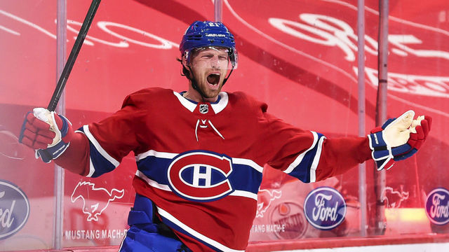 MONTREAL, QC - APRIL 05: Eric Staal #21 of the Montreal Canadiens celebrates his overtime goal in his debut with the Canadiens against the Edmonton Oilers at the Bell Centre on April 5, 2021 in Montreal, Canada. The Montreal Canadiens defeated the Edmonton Oilers 3-2.