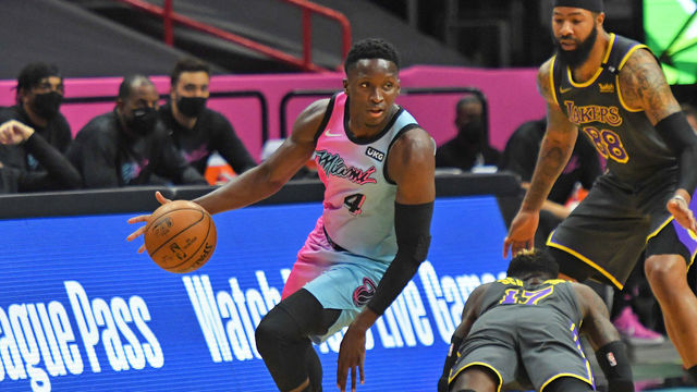 MIAMI, FL - APRIL 8: Victor Oladipo #4 of the Miami Heat dribbles against the Los Angeles Lakers on April 8, 2021 at American Airlines Arena in Miami, Florida. Mandatory Copyright Notice: Copyright 2021 NBAE