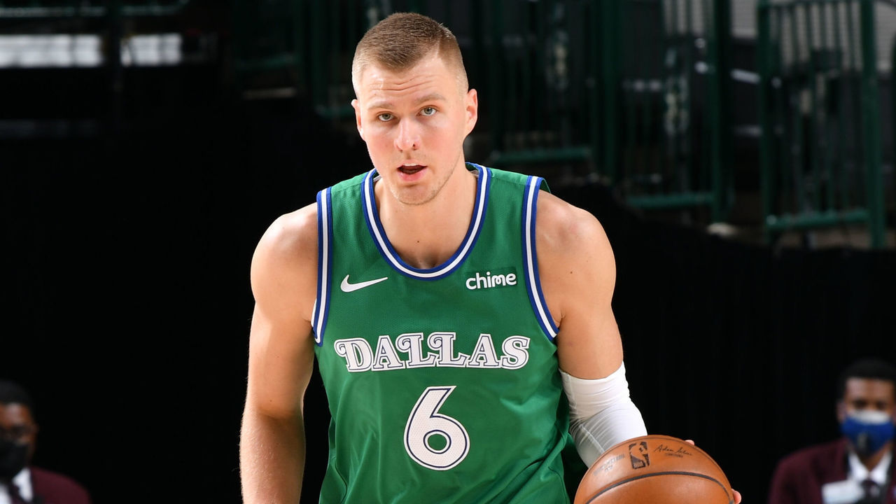 DALLAS, TX - April 8: Kristaps Porzingis #6 of the Dallas Mavericks dribbles during the game against the Milwaukee Bucks on April 8, 2021 at the American Airlines Center in Dallas, Texas. Mandatory Copyright Notice: Copyright 2021 NBAE