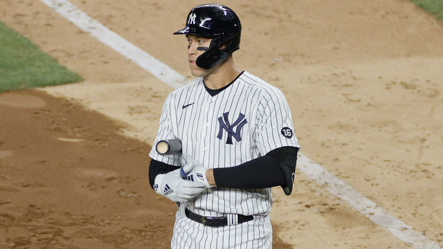 NEW YORK, NEW YORK - APRIL 05: Aaron Judge #99 of the New York Yankees looks on during the sixth inning against the Baltimore Orioles at Yankee Stadium on April 05, 2021 in the Bronx borough of New York City.