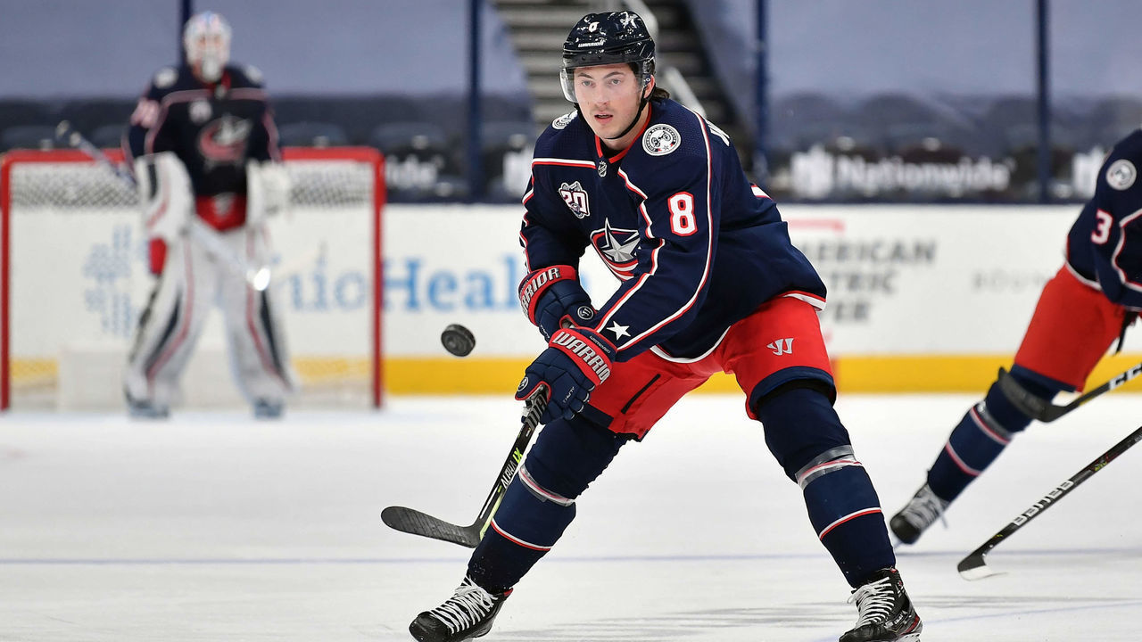 COLUMBUS, OH - FEBRUARY 25: Zach Werenski #8 of the Columbus Blue Jackets skates against the Chicago Blackhawks on February 25, 2021 at Nationwide Arena in Columbus, Ohio.