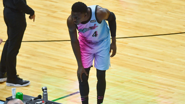 MIAMI, FL - APRIL 08: Victor Oladipo #4 of the Miami Heat holds his right knee after being injured in the second half against the Los Angeles Lakers at American Airlines Arena on April 8, 2021 in Miami, Florida. NOTE TO USER: User expressly acknowledges and agrees that, by downloading and or using this photograph, User is consenting to the terms and conditions of the Getty Images License Agreement.
